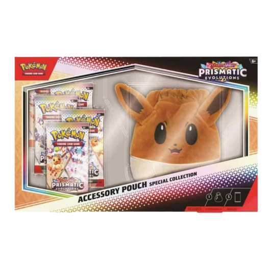 Pokemon Prismatic Evolutions accessory pouch with plush toy and cards on a white background