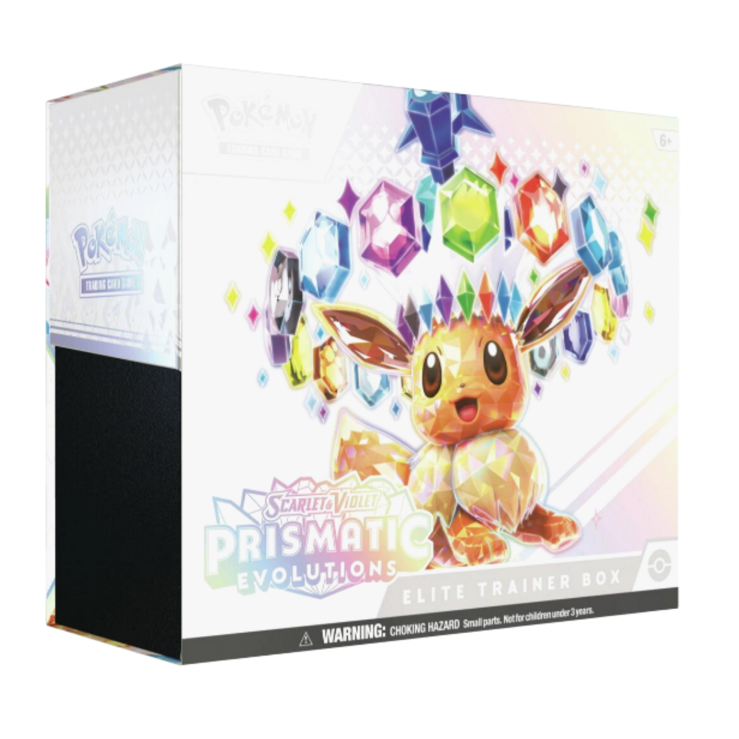 Pokémon Scarlet & Violet Prismatic Evolutions Elite Trainer Box packaging with Eevee illustration.