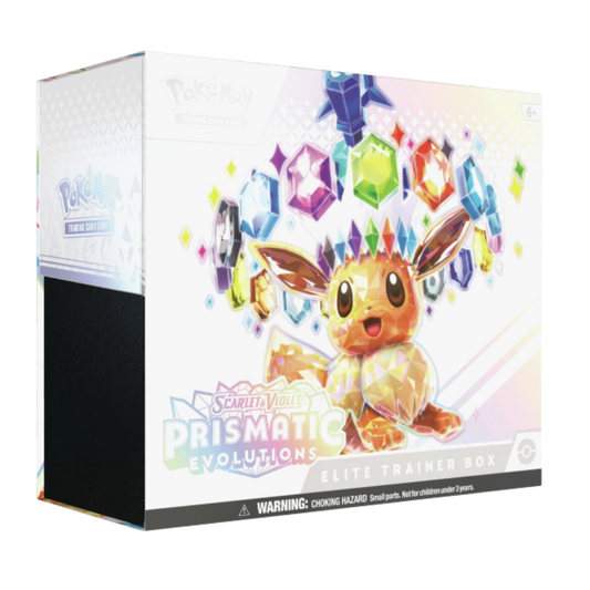 Pokémon Scarlet & Violet Prismatic Evolutions Elite Trainer Box packaging with Eevee illustration.