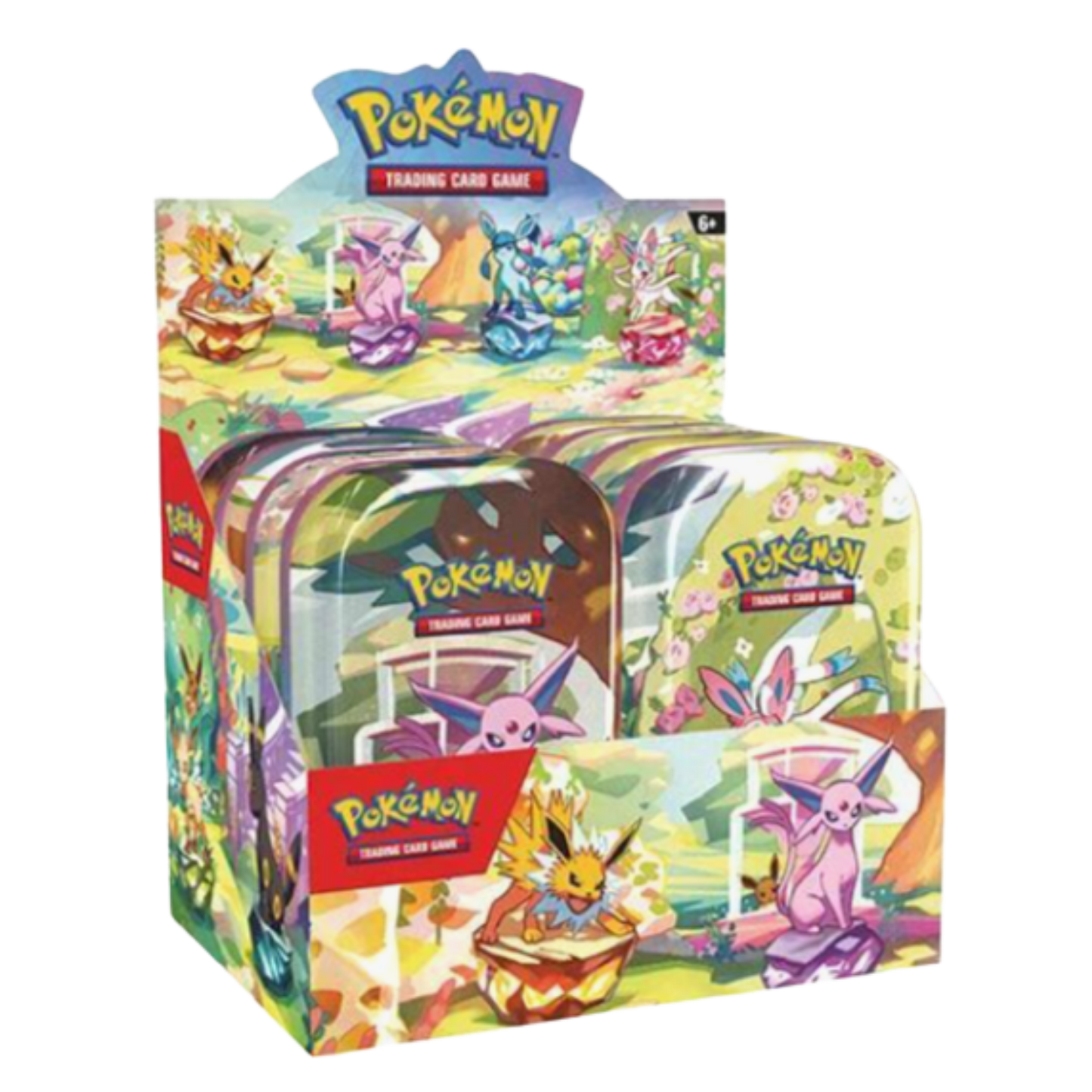 Pokémon trading card game packaging with colorful designs and Pokémon characters.