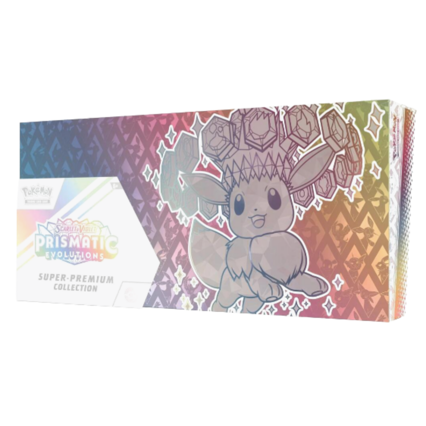 Pokémon trading card with Eevee design on a colorful Prismatic Evolution packaging.