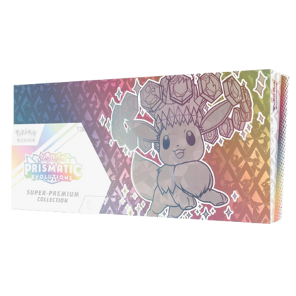 Pokémon trading card with Eevee design on a colorful Prismatic Evolution packaging.