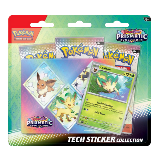 Pokémon trading card game packaging with cards and stickers on a colorful background