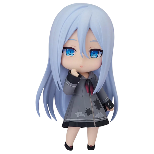 Anime character figurine with light blue hair and blue eyes on a white background