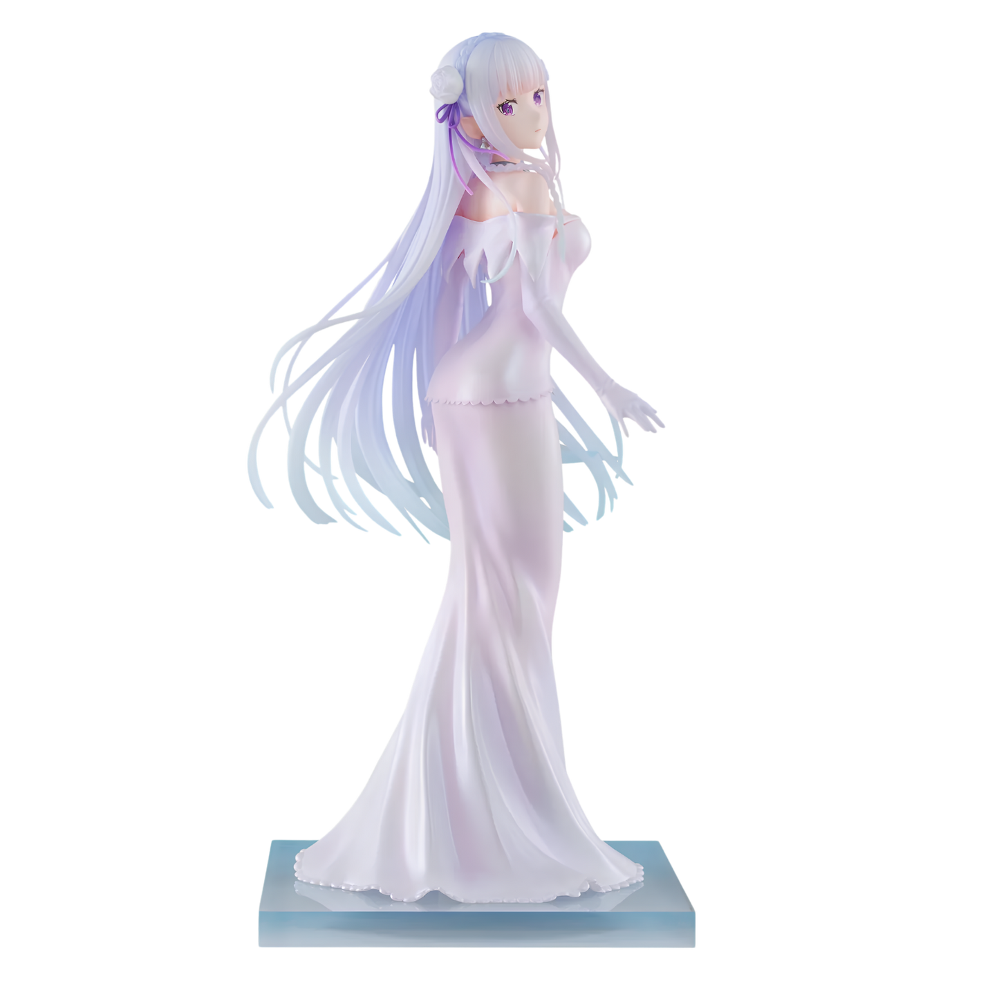 An anime figurine of a female character with long, flowing white and lavender hair, wearing a white off-the-shoulder gown and standing on a light blue base against a plain white background.