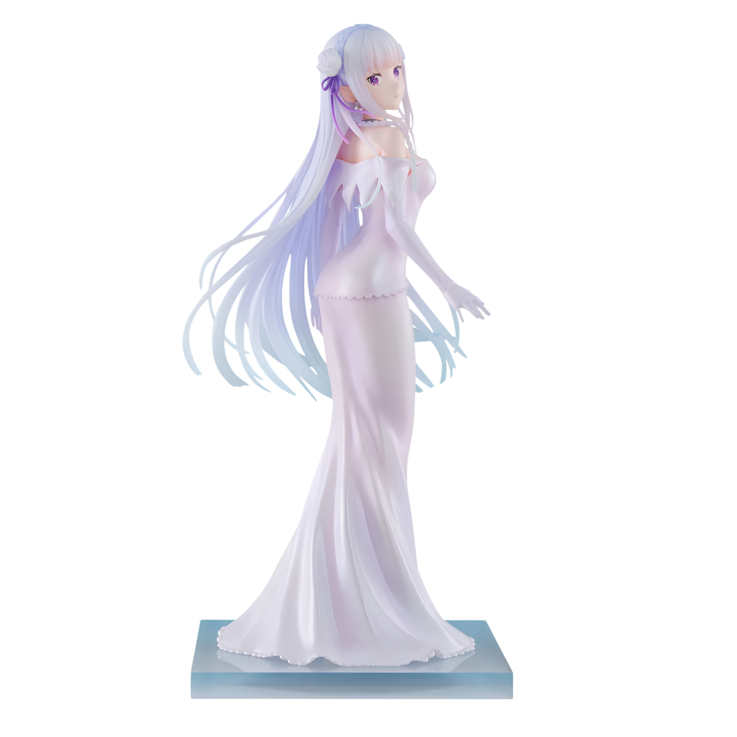 An anime figurine of a female character with long, flowing white and lavender hair, wearing a white off-the-shoulder gown and standing on a light blue base against a plain white background.