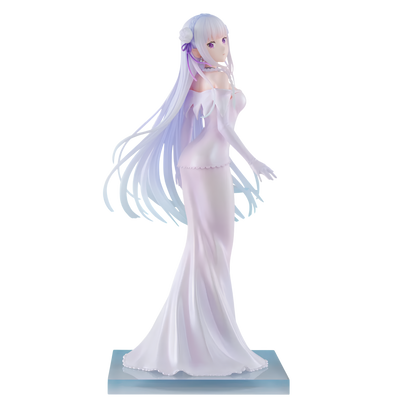 An anime figurine of a female character with long, flowing white and lavender hair, wearing a white off-the-shoulder gown and standing on a light blue base against a plain white background.
