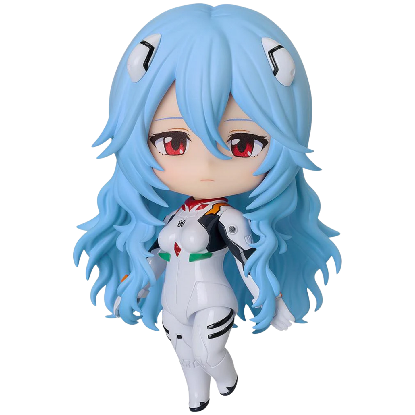 Anime character figurine with blue hair and red eyes on a white background