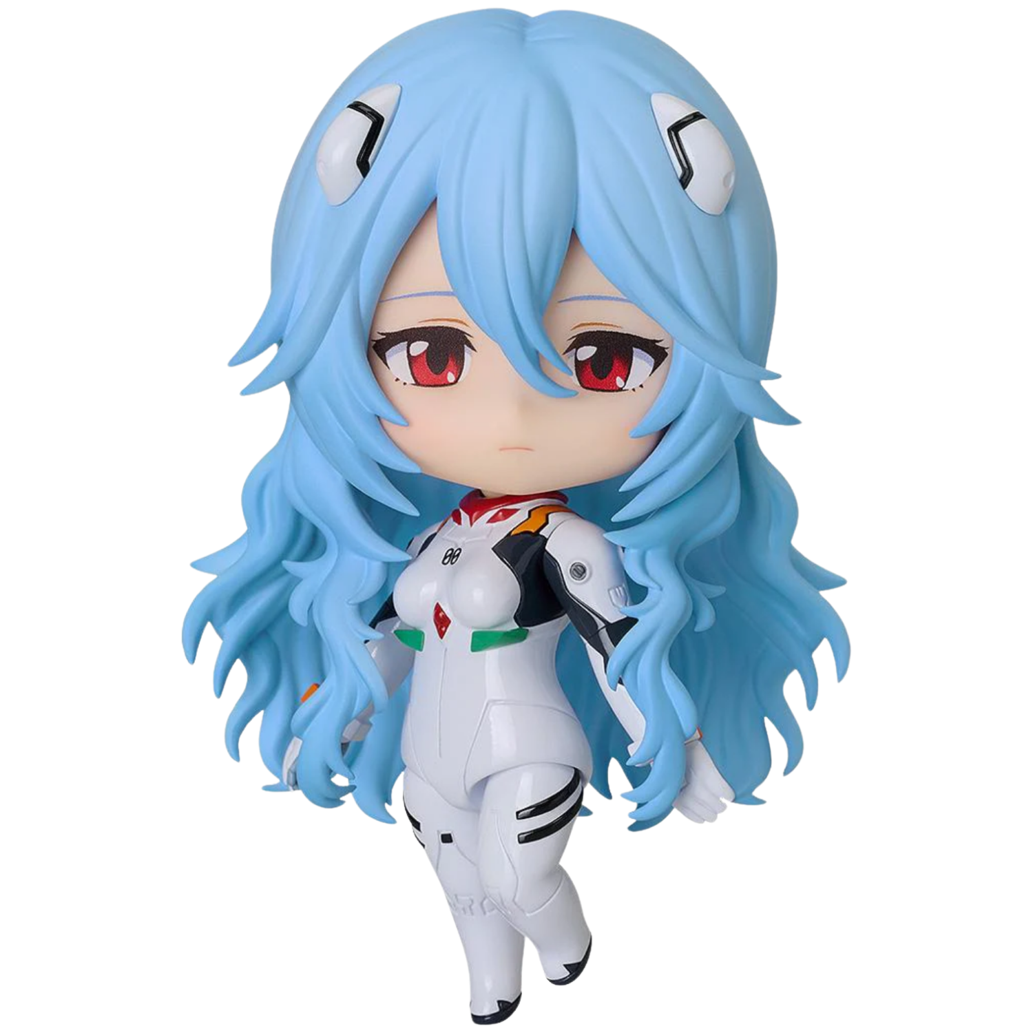 Anime character figurine with blue hair and red eyes on a white background