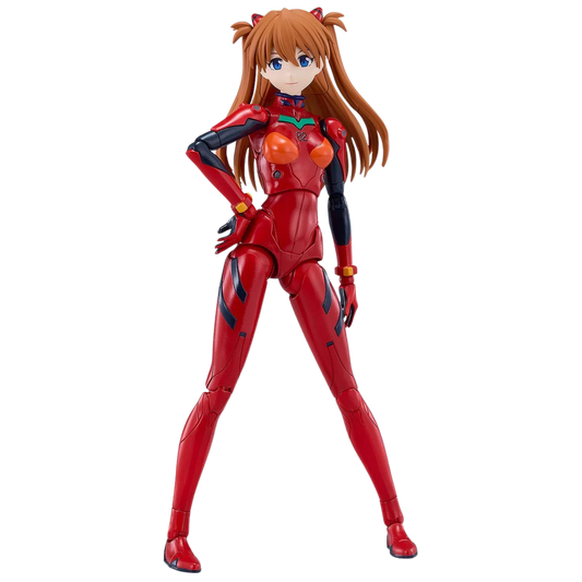 An anime action figure of Asuna Yuji from Neon Genesis Evangelion, wearing a red, black, and orange suit, standing on a plain white background.
