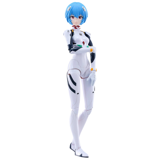 A collectible action figure of the character Rem from Neon: Evangelion, featuring short blue hair and a white bodysuit with black and red accents, posed against a solid white background.
