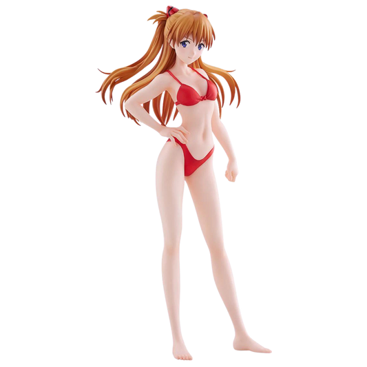 Anime character figurine in a red bikini on a white background