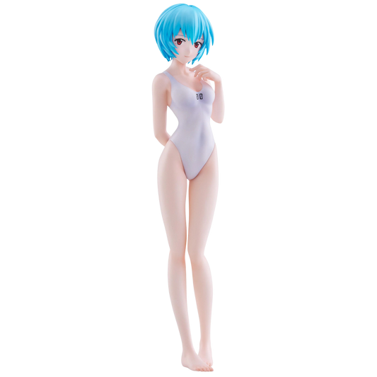 Anime character figurine in a white swimsuit with blue hair on a white background