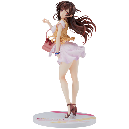 Anime character figurine with long brown hair and a pink skirt on a white background