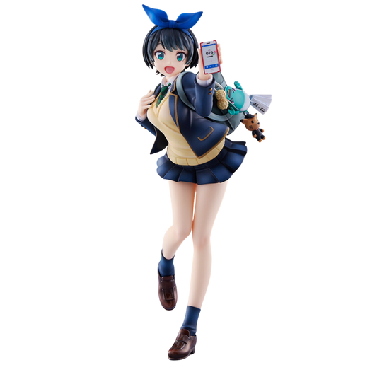 Anime character figurine holding a smartphone on a white background