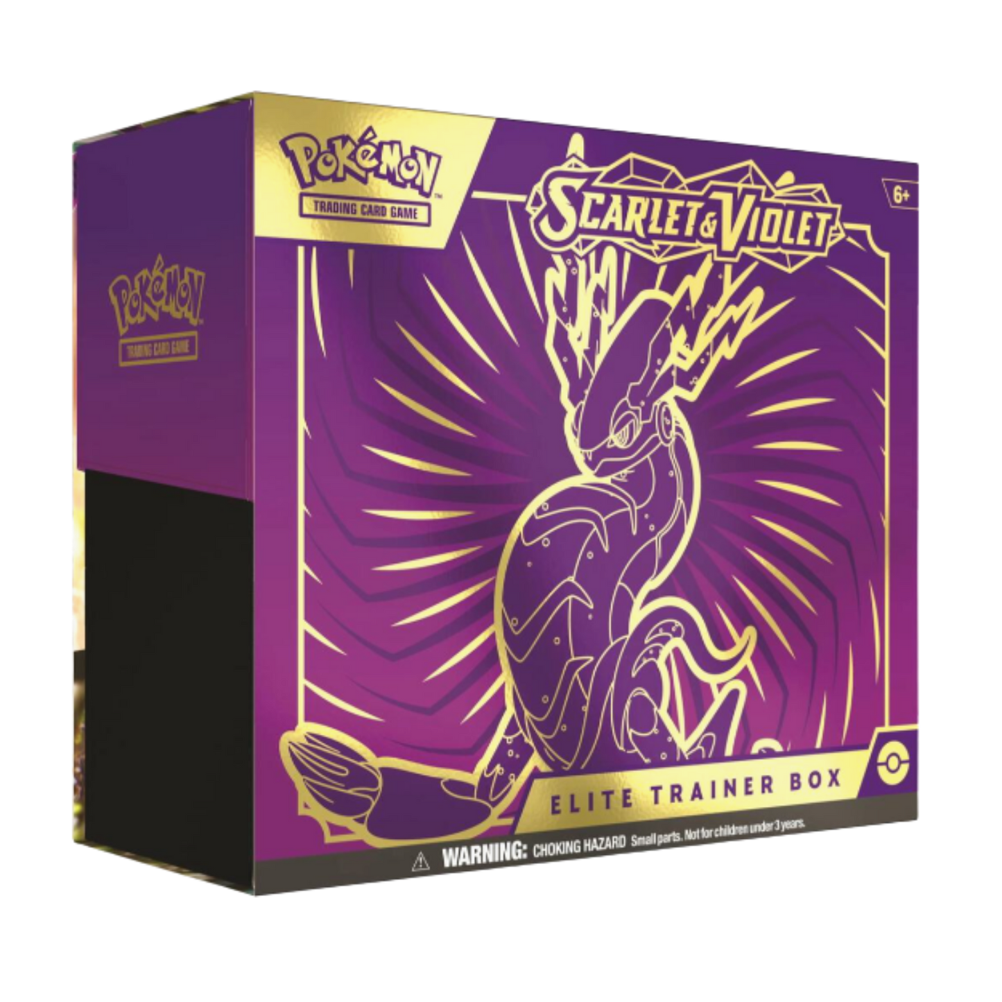 Pokémon Scarlet & Violet Elite Trainer Box packaging with purple and gold design.