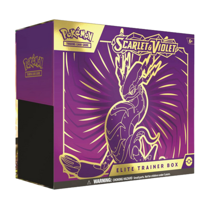 Pokémon Scarlet & Violet Elite Trainer Box packaging with purple and gold design.