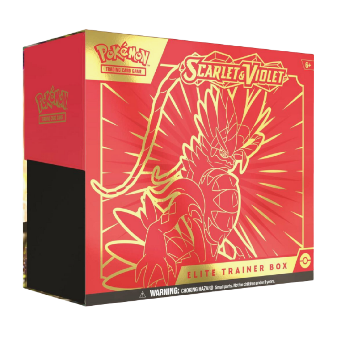 Pokémon Scarlet & Violet Elite Trainer Box packaging with red and gold design.