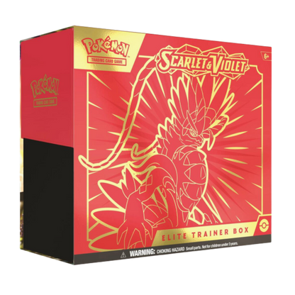 Pokémon Scarlet & Violet Elite Trainer Box packaging with red and gold design.