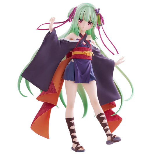 Anime character figurine with green hair and colorful outfit on a white background