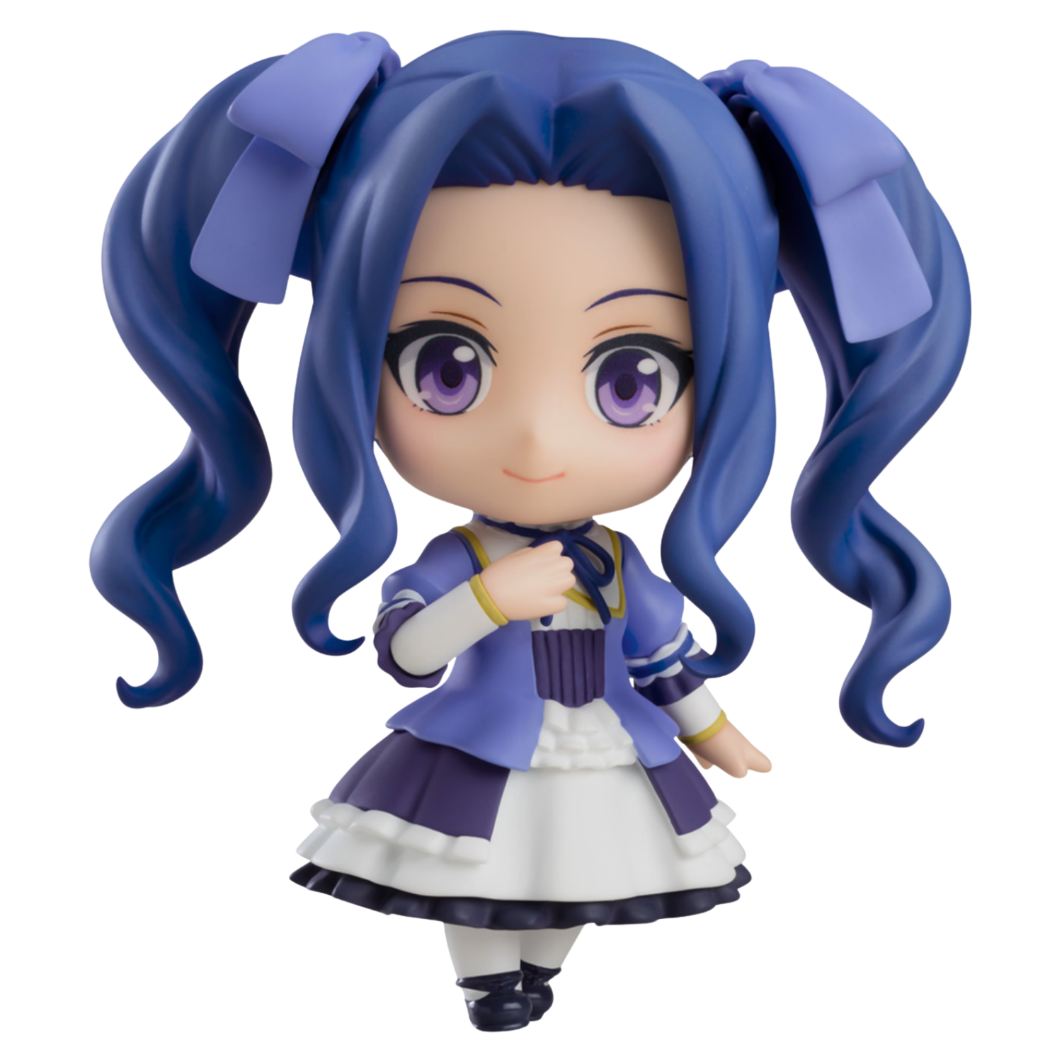 Anime character figurine with blue hair and a purple outfit on a white background