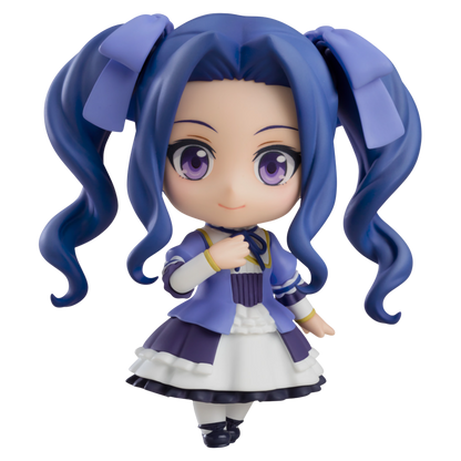 Anime character figurine with blue hair and a purple outfit on a white background