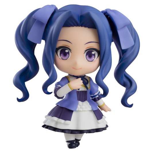 Anime character figurine with blue hair and a purple outfit on a white background