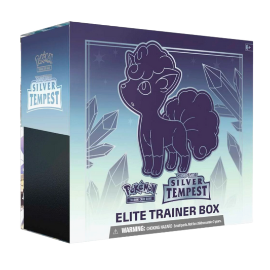 Pokémon Silver Tempest Elite Trainer Box packaging with a purple creature illustration on a gradient background.