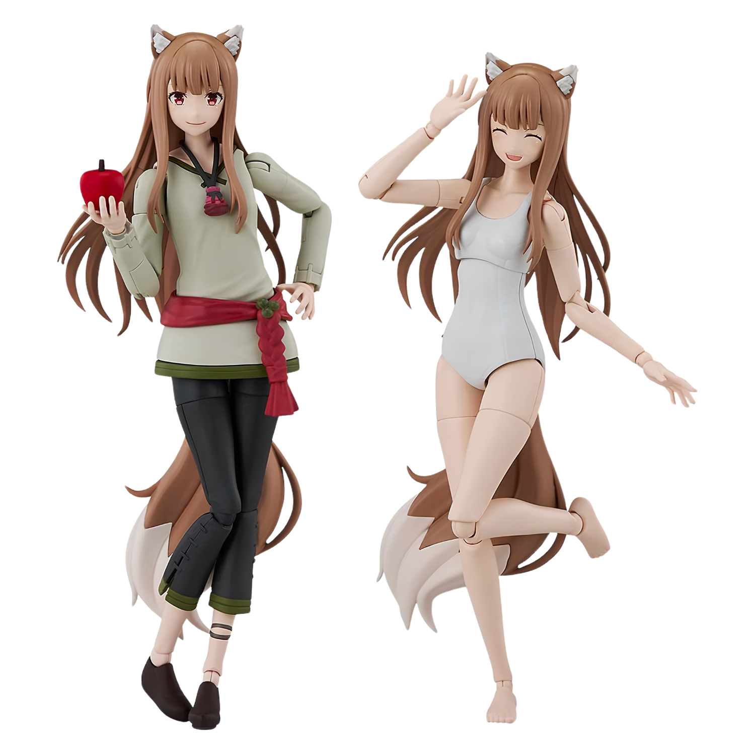Two articulated anime-style action figures of a female fox character shown side by side on a plain white background. The left figure wears a sage green top, dark pants, and a red sash while holding a red apple.
