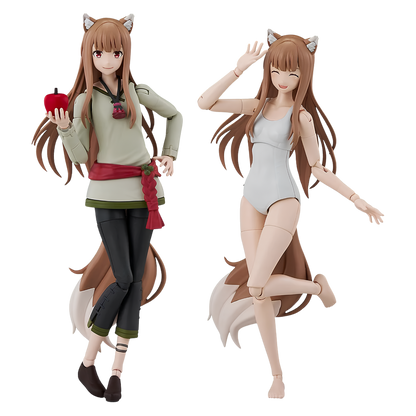 Two articulated anime-style action figures of a female fox character shown side by side on a plain white background. The left figure wears a sage green top, dark pants, and a red sash while holding a red apple.