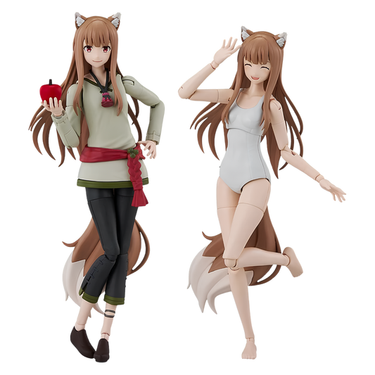 Two articulated anime-style action figures of a female fox character shown side by side on a plain white background. The left figure wears a sage green top, dark pants, and a red sash while holding a red apple.