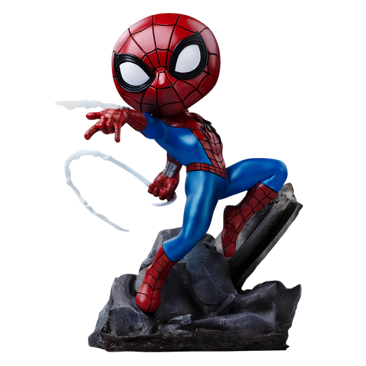 Spider-Man bobblehead statue in a dynamic crouching pose on a dark rocky base, with a white web arc effect, isolated on a black background.