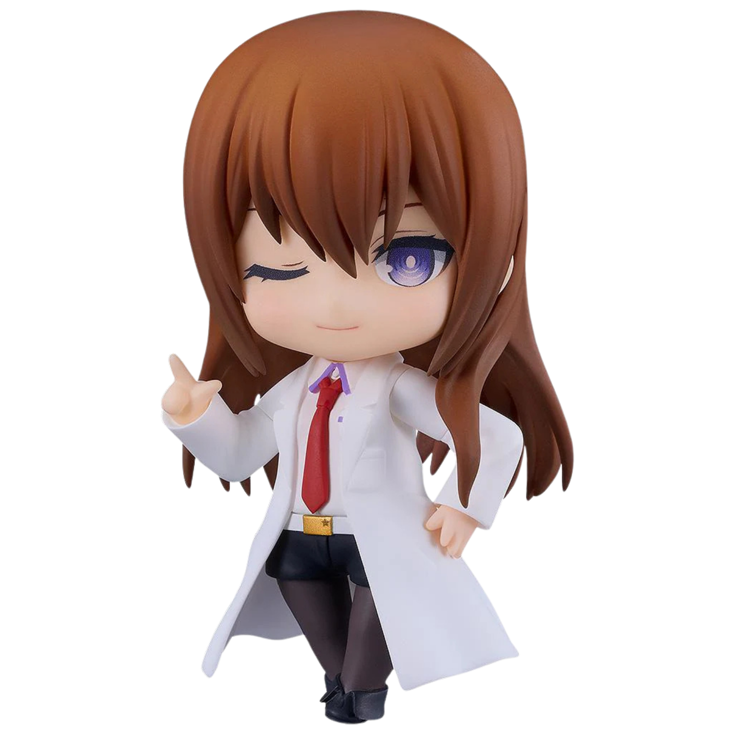 Figurine of a character in a white lab coat with brown hair and purple eyes on a white background