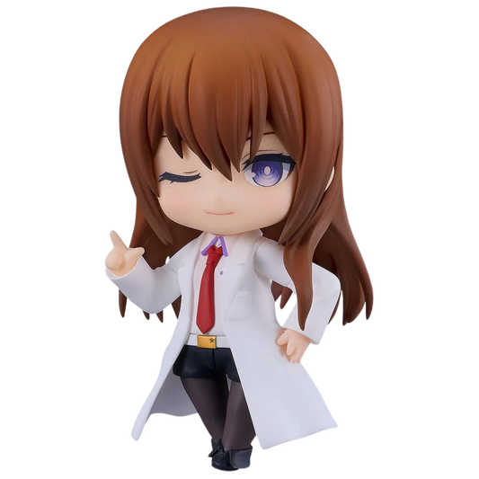 Figurine of a character in a white lab coat with brown hair and purple eyes on a white background