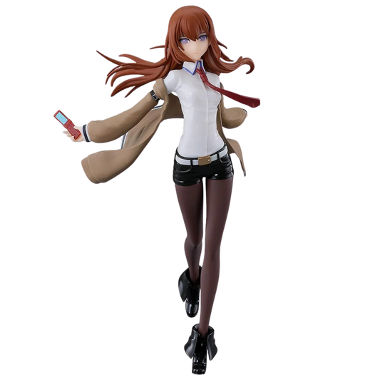 An anime figurine of a female character with long reddish-brown hair, wearing a white collared shirt, red tie, tan coat, black shorts, and black boots, posed dynamically against a plain white background.