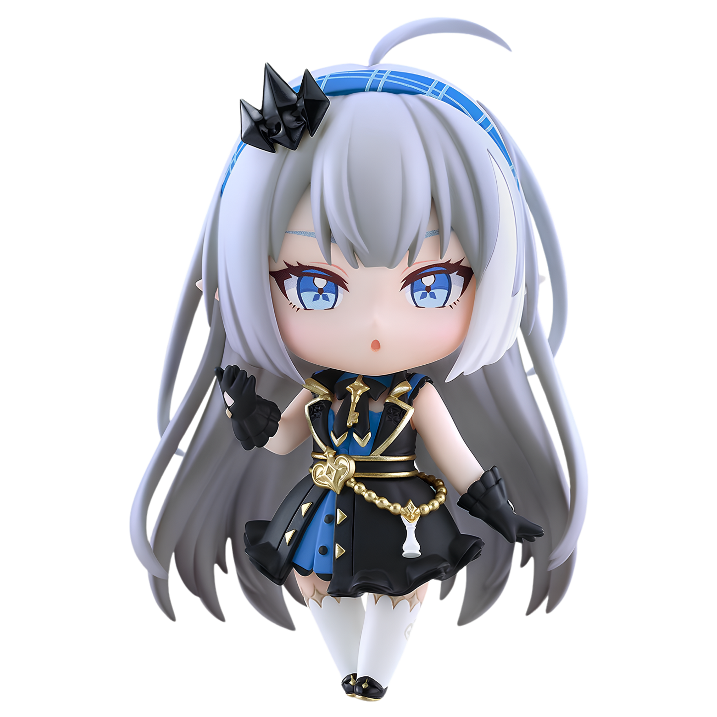 A chibi-style anime figurine with long silver-gray hair, blue eyes, and a black-and-blue outfit with gold accents, shown against a plain white background.