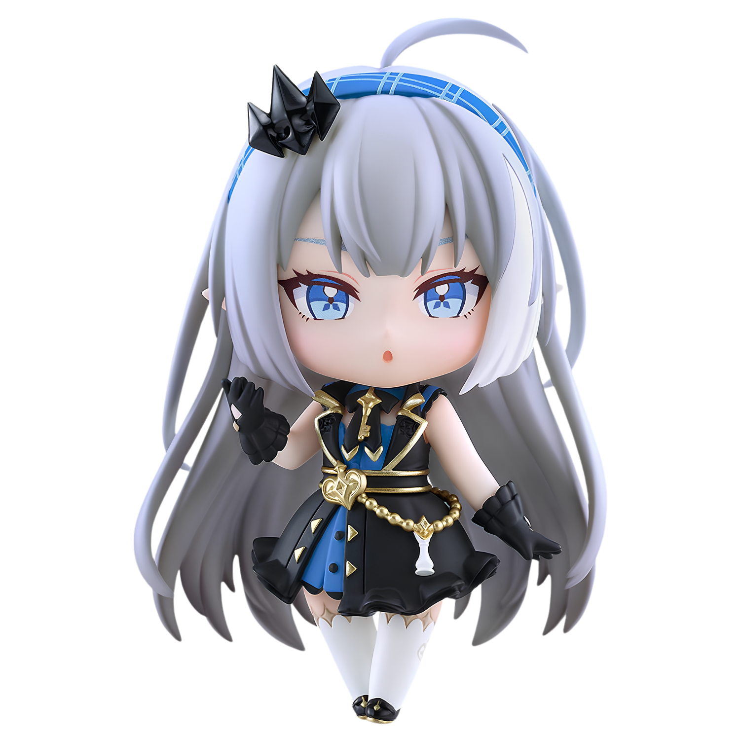 A chibi-style anime figurine with long silver-gray hair, blue eyes, and a black-and-blue outfit with gold accents, shown against a plain white background.