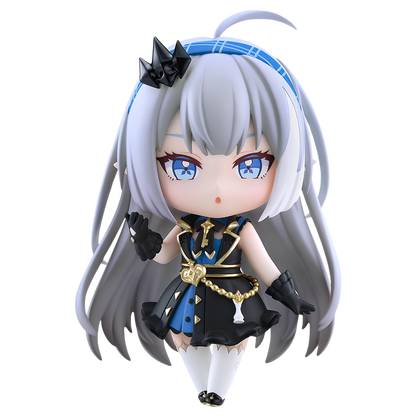 A chibi-style anime figurine with long silver-gray hair, blue eyes, and a black-and-blue outfit with gold accents, shown against a plain white background.