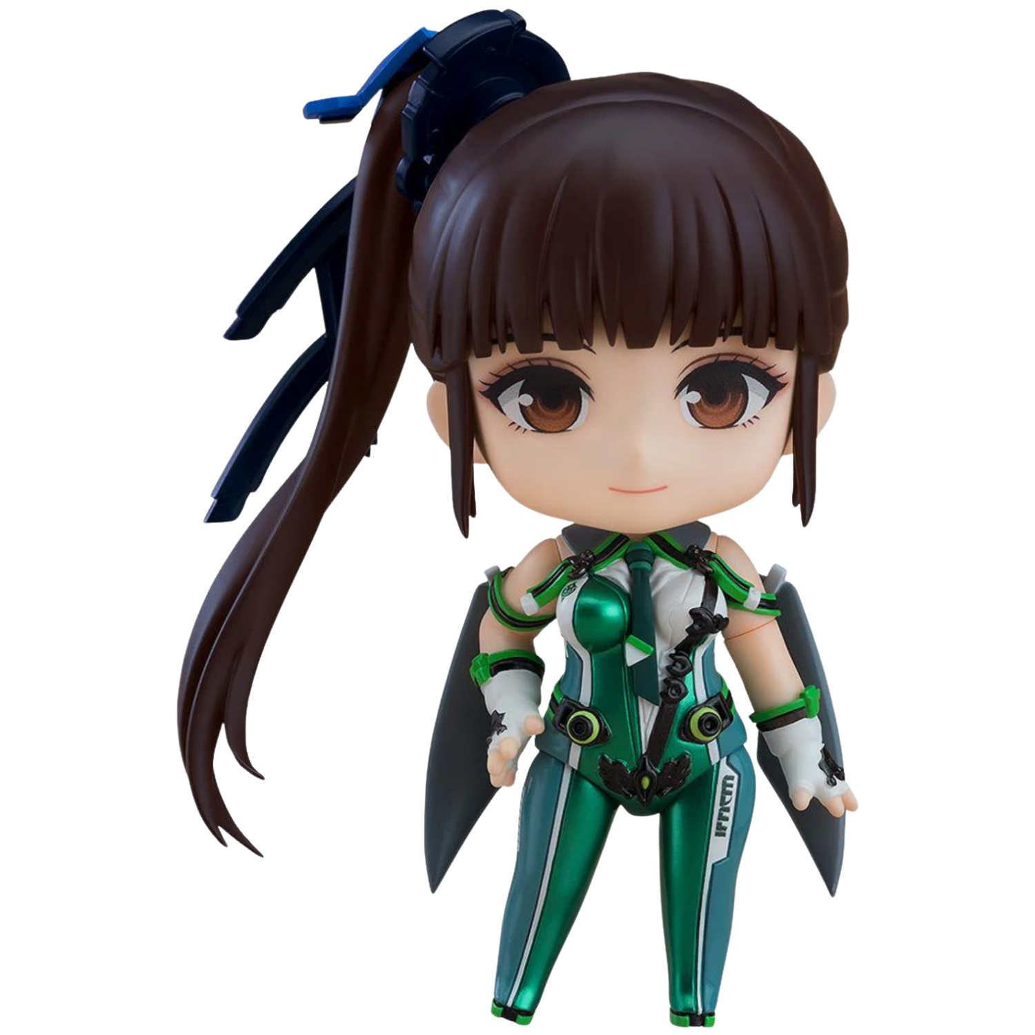 Anime character with a brown ponytail and green space suit on a white background.