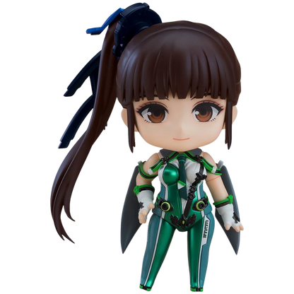 Anime character with a brown ponytail and green space suit on a white background.