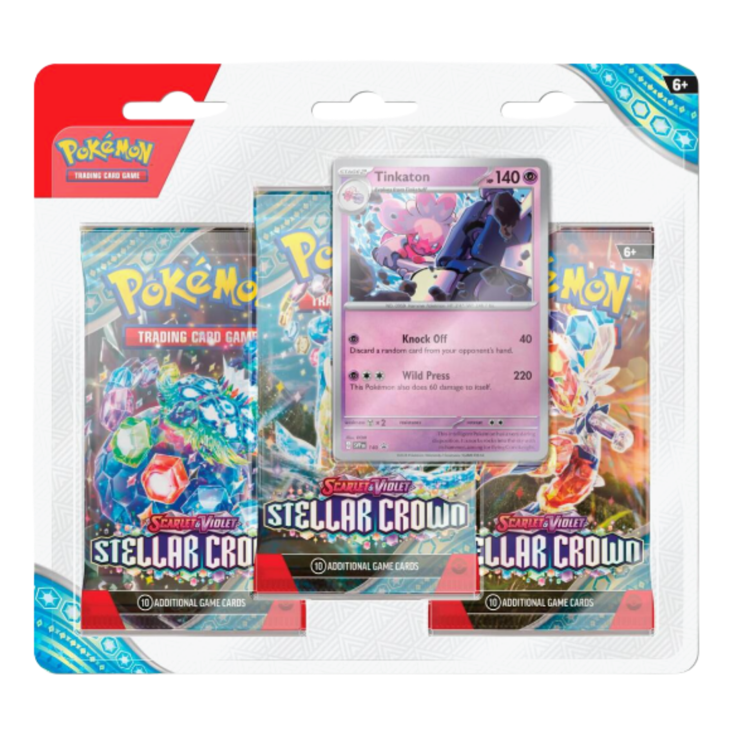 Pokémon trading card game packs with Tinkaton card on a white background