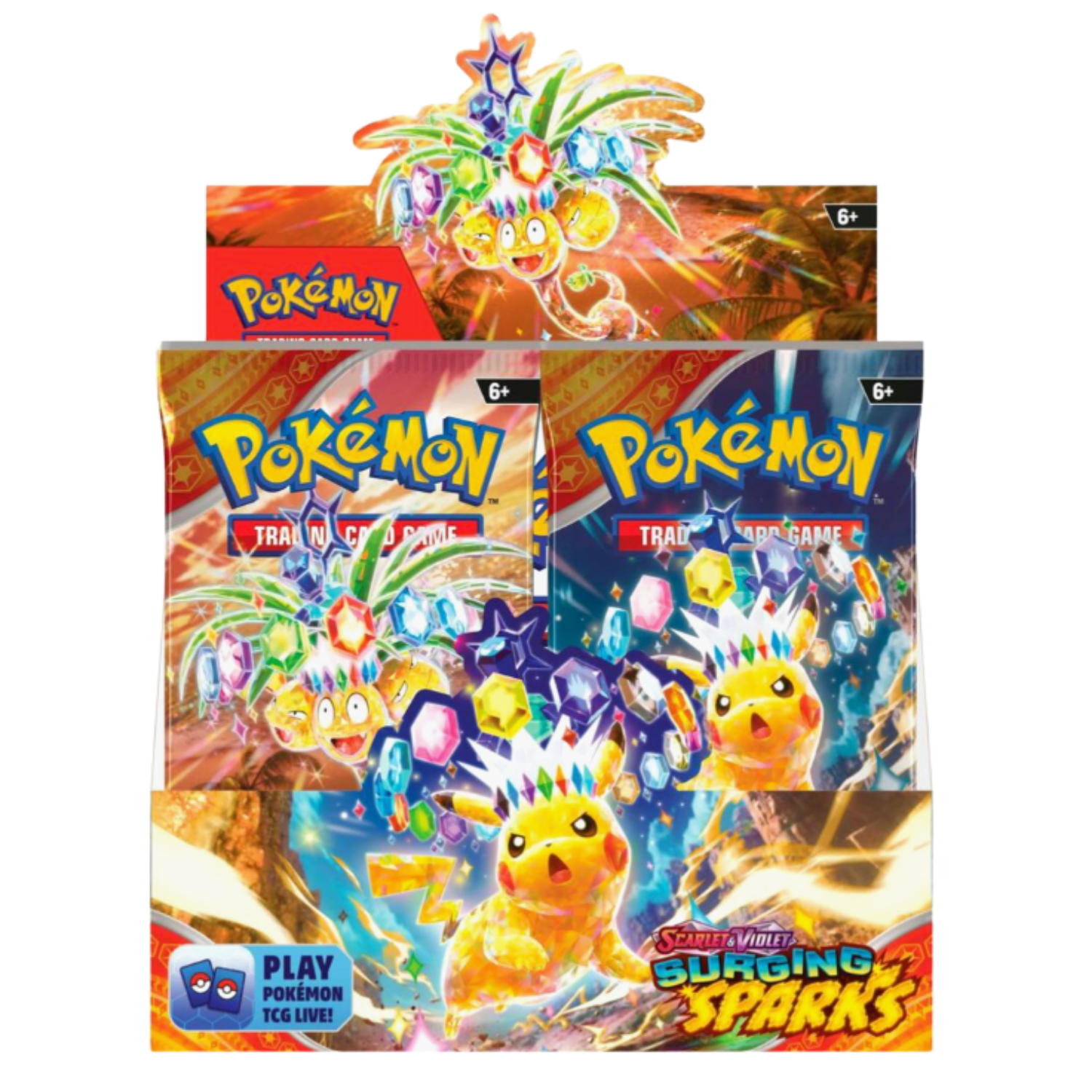 Pokémon trading card game packs with colorful designs and Pokémon characters on a white background.
