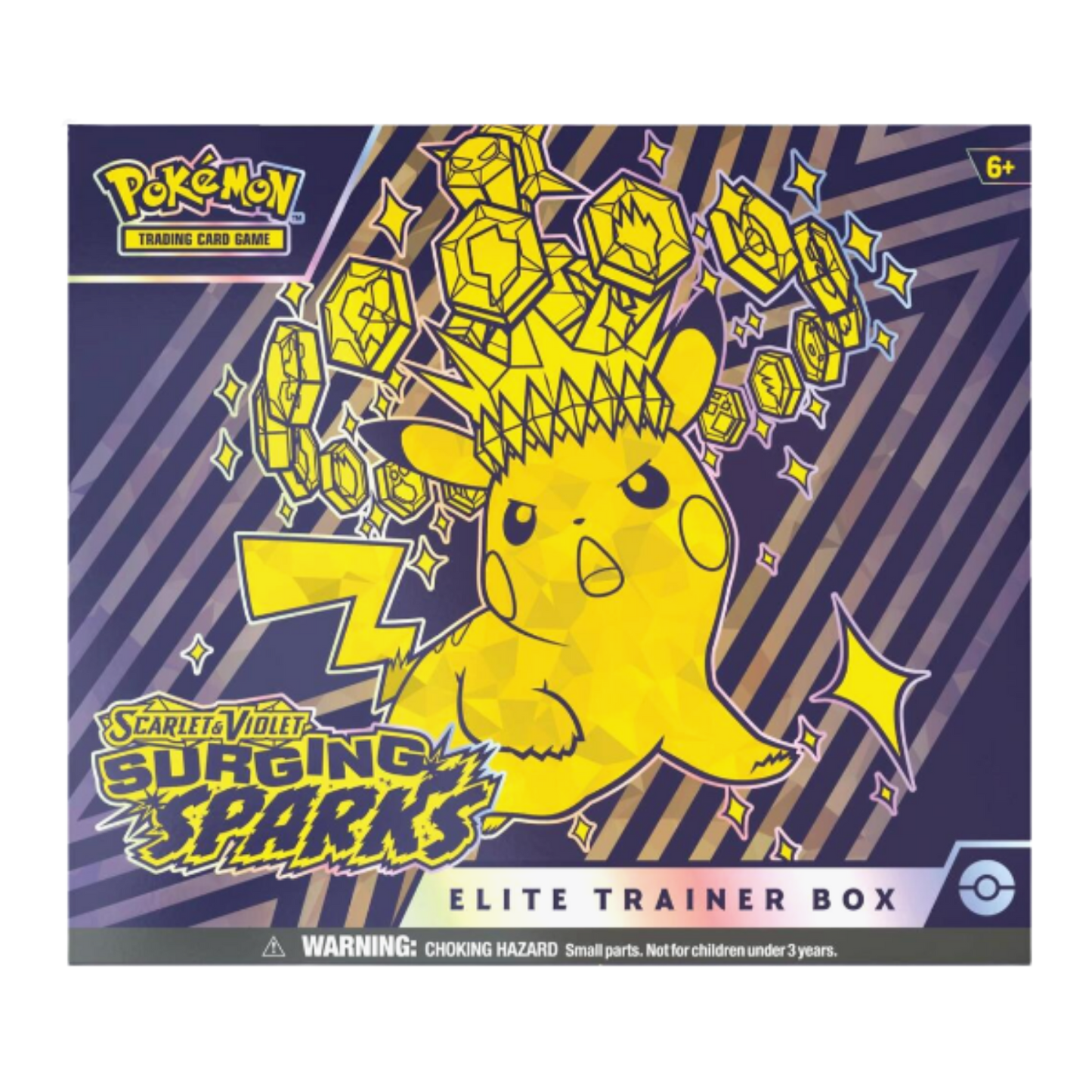 Pokémon trading card game Elite Trainer Box packaging with Pikachu on a blue and yellow striped background.