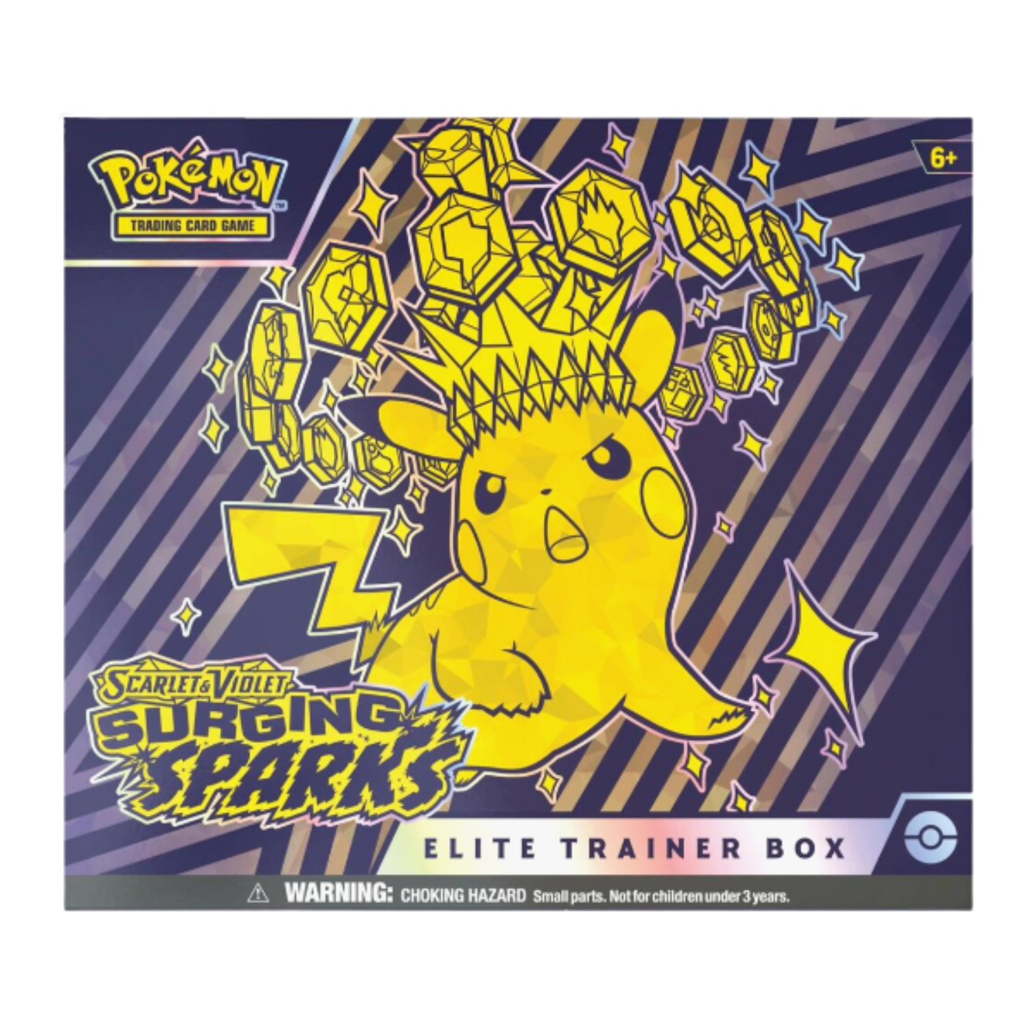 Pokémon trading card game Elite Trainer Box packaging with Pikachu on a blue and yellow striped background.