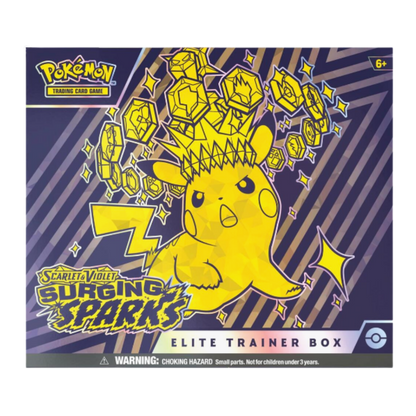 Pokémon trading card game Elite Trainer Box packaging with Pikachu on a blue and yellow striped background.