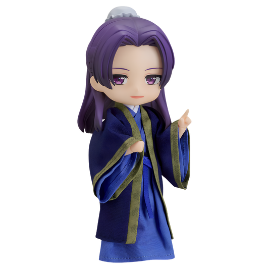 A chibi-style anime figurine of a character with purple hair and purple eyes, wearing a blue robe with olive green trim, posed against a solid white background.