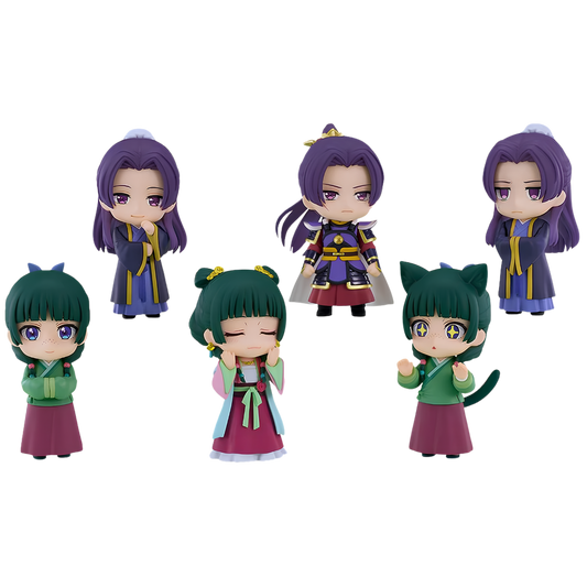 Five chibi-style anime figurines with purple and green hair, dressed in traditional-inspired outfits, arranged on a plain white background.