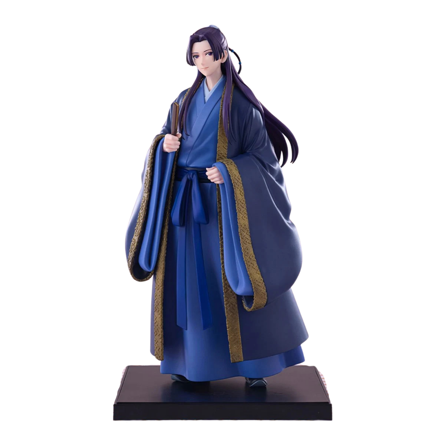 Figurine of a character in traditional blue attire on a white background