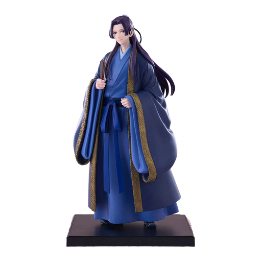 Figurine of a character in traditional blue attire on a white background