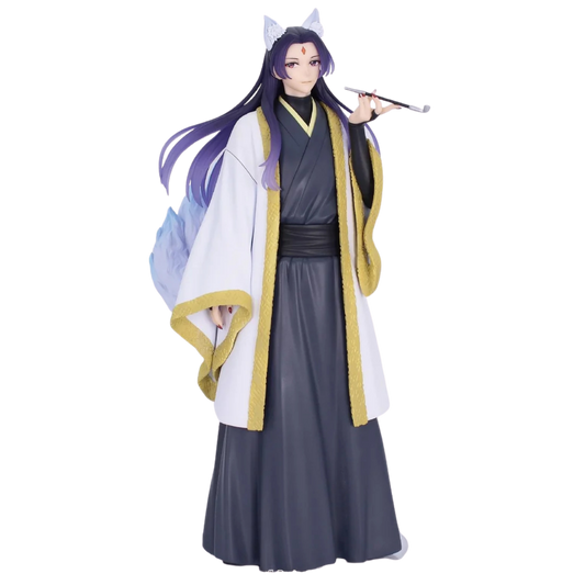 An anime-style collectible figure of a female character with long dark purple hair, wearing a white and dark gray kimono-style robe with gold trim, holding a paintbrush, on a plain white background.